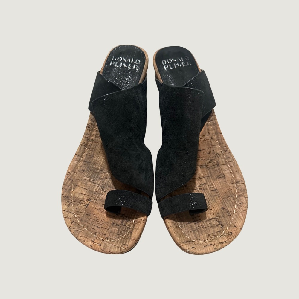 Donald Pliner Black Suede Cork Wedge Toe Ring Sandals Size 8.5M